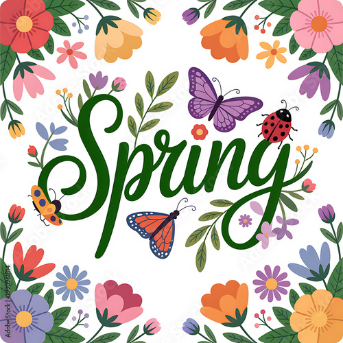Vibrant Springtime Celebration with Blooming Flowers, Fluttering Butterflies, and Cheerful Ladybugs, a Beautiful Illustrated Nature Scene