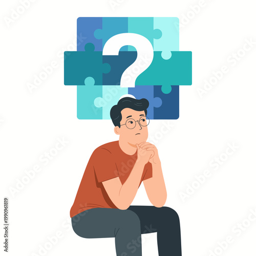 A young man sits pensively with a question mark above him, representing contemplation, curiosity, and the quest for answers in a visually captivating abstract style.