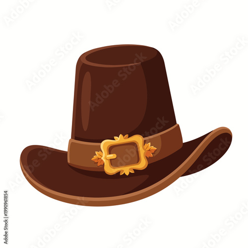 This stylish brown hat features a golden buckle and decorative leaves, symbolizing tradition and fashion while offering a classic look suitable for various occasions and outfits.