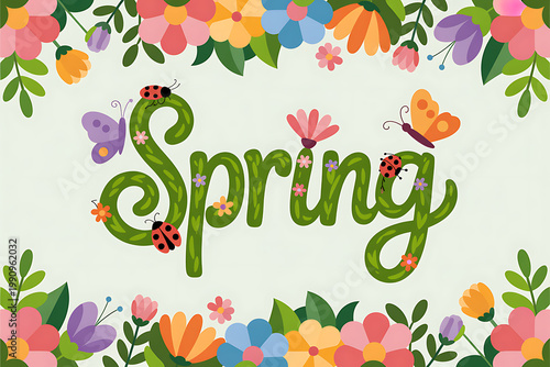 Vibrant 'Spring' lettering surrounded by colorful blooming flowers, cheerful butterflies, and adorable ladybugs, celebrating the season's fresh awakening and natural beauty in a whimsical illustration