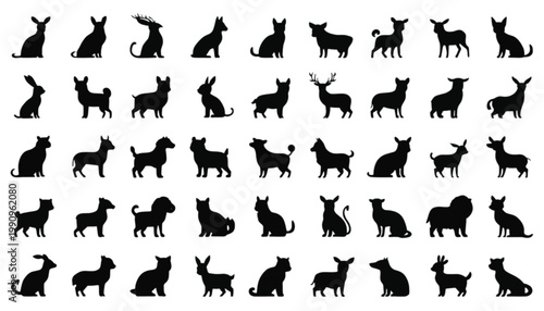 Animals collection displays various silhouettes of dogs and cats and other creatures arranged in a grid pattern which provides a clean and versatile resource for designers needing distinct black.