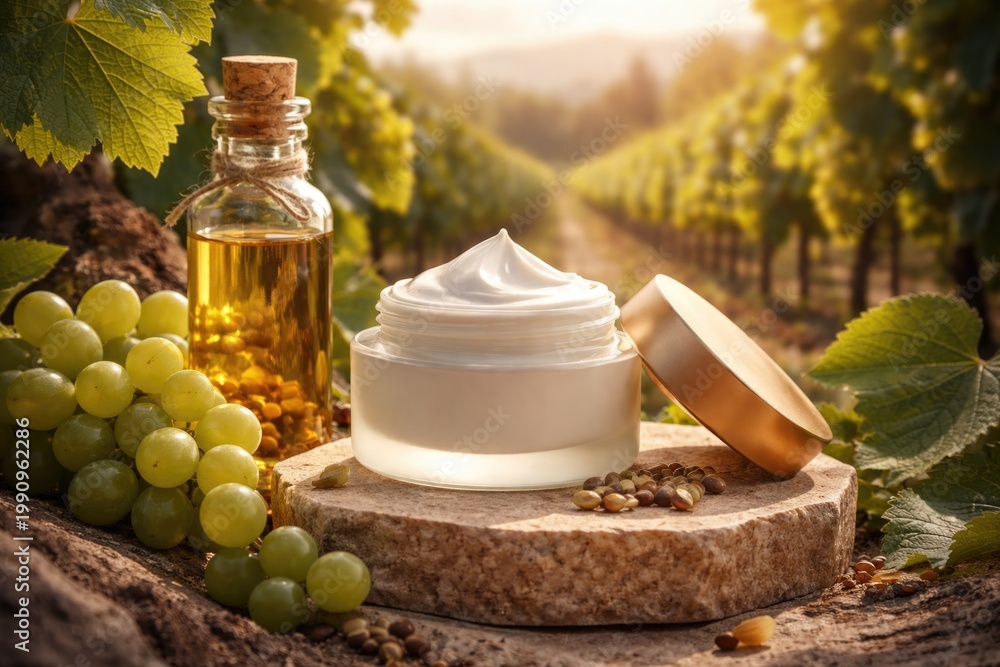 Naklejka premium Sustainable winemaking concept featuring organic skincare cream with grape seed oil on a podium