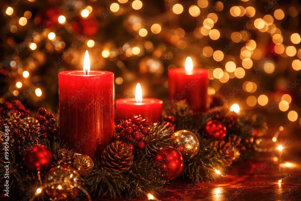 Fototapeta premium Bright festive scene with red candlelight and sparkling holiday lights