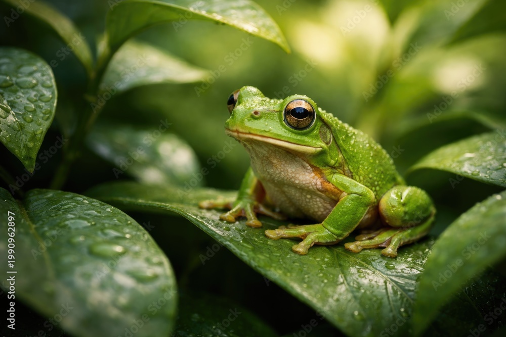 Obraz premium Green Tree Frog Perched Calmly Among Leafy Foliage