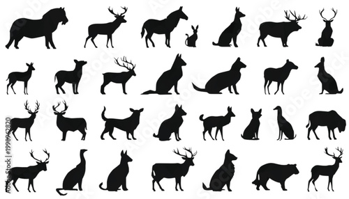 Animals silhouettes feature a diverse selection of standing and sitting woodland creatures and domestic pets depicted as solid black vector shapes isolated on a clean white background for easy usage.