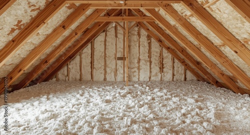 Mineral rockwool roll insulation in a roomy attic with unfinished ceiling structure