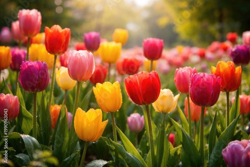 Bright tulip flowers blooming in spring garden