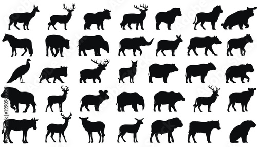 Animals presented as a collection of diverse black silhouettes illustrate a wide range of wild species in various standing and walking poses for graphic design projects requiring clear vector shapes.