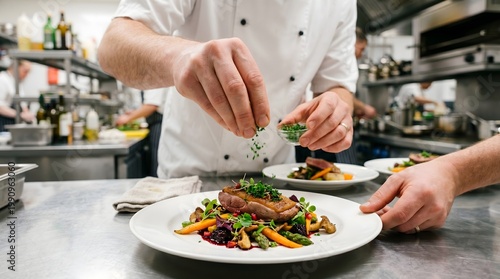 Professional chef plating gourmet meat dish, culinary expert garnishing dinner plate in restaurant kitchen, fine dining food preparation