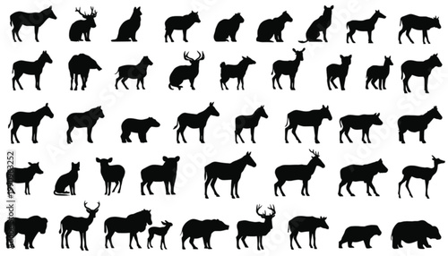 Herbivores and large mammals appear as a detailed array of black silhouettes representing various grazing species and forest animals designed for versatile use in professional graphic layouts.