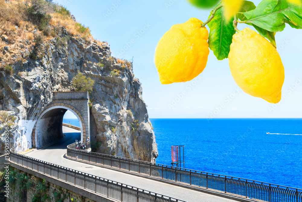 Naklejka premium famous picturesque road viaduct of Amalfi summer coast with sea water, Italy