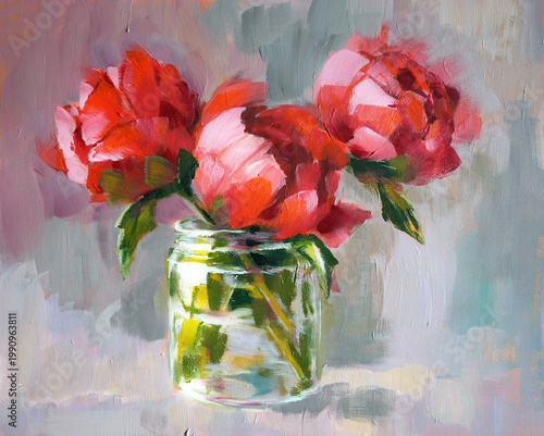 Peony red flowers in glass jar. Hand drawn Oil painting illustration.