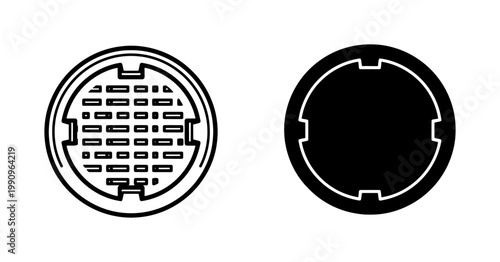 Round Manhole Cover Icon Set in Outline and Silhouette Style