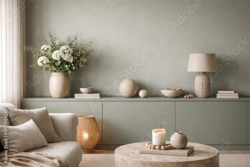 Minimalist living room interior showing eucalyptus toned stylish shelf with flowers and decorative accessories and copy space