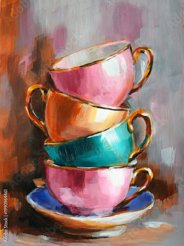 Colorful tea cups in stack. Oil painting technique. Perfect for decorating kitchen, cafe, or restaurant.