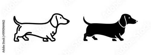 Dachshund dog line art and solid black silhouette icon set