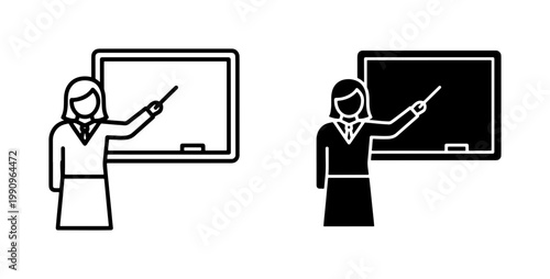 Female Teacher Pointing at Blackboard Line Icon Set