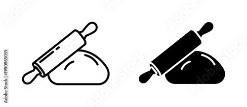 Rolling pin and dough line icon set for baking