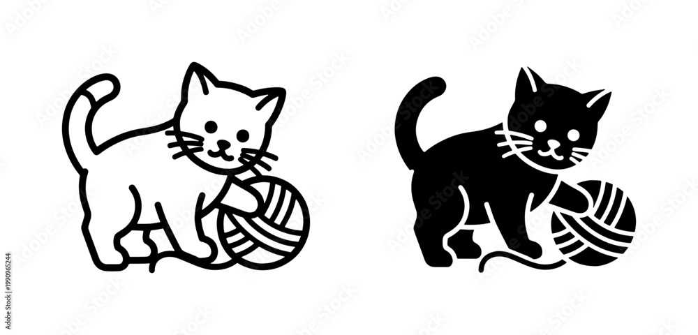 Fototapeta premium Cute kitten playing with yarn ball vector icons