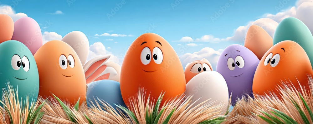 Fototapeta premium Cute 3D cartoon Easter eggs with smiling faces on a grassy spring hillside under blue sky