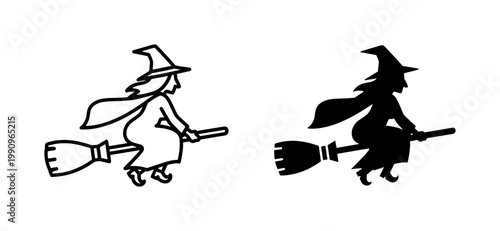 Witch flying on broomstick silhouette and outline vector