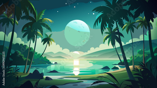 Tropical island, moonlit beach, palm trees, serene landscape, vector illustration