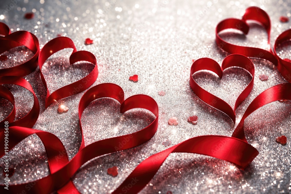 Fototapeta premium Elegant red ribbon hearts arranged on shimmering silver glitter background for romantic celebrations