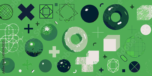 Abstract geometric composition featuring various shapes and shades of green