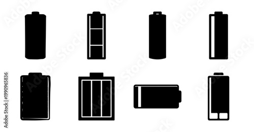 Collection of battery icons in various states of charge, in black silhouette