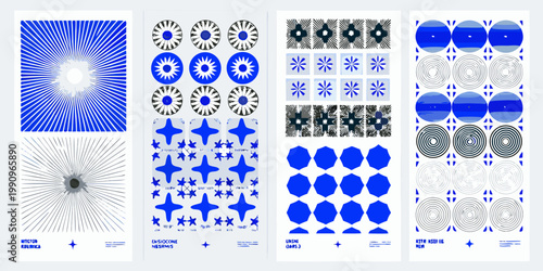 Abstract blue and white geometric patterns arranged in a grid formation
