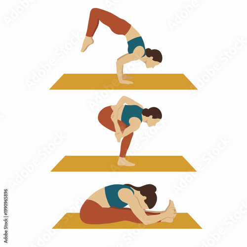 A woman showcases her yoga practice through three stages: a challenging pose, a balanced stretch, and a deep relaxation position, symbolizing mindfulness and physical fitness.
