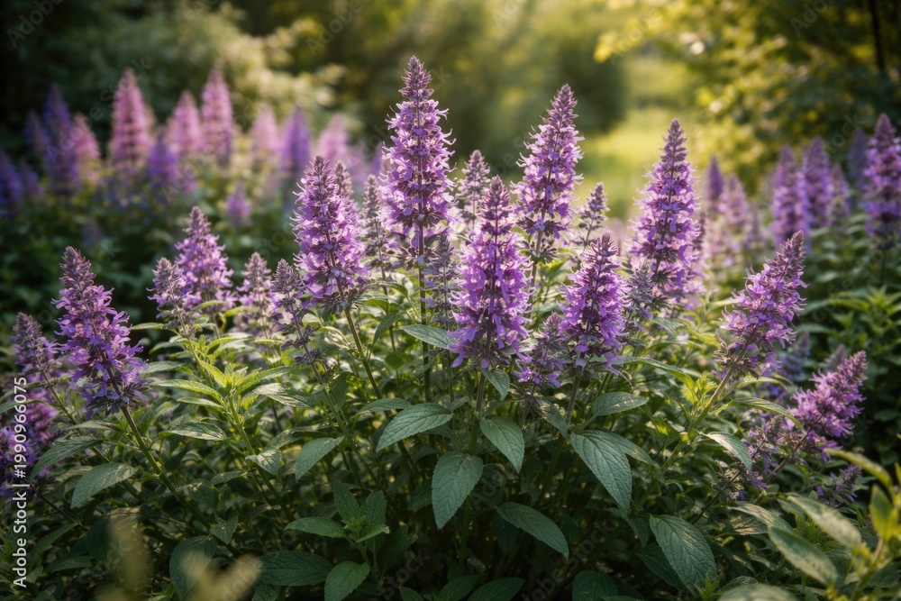 Obraz premium Lively Purple Sage Plants Flowering Among Rich Green Foliage in Garden Environment