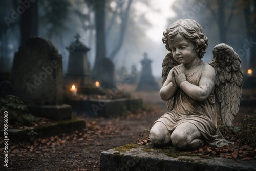 Graveyard scene featuring prayerful cherub statue with ample copy space