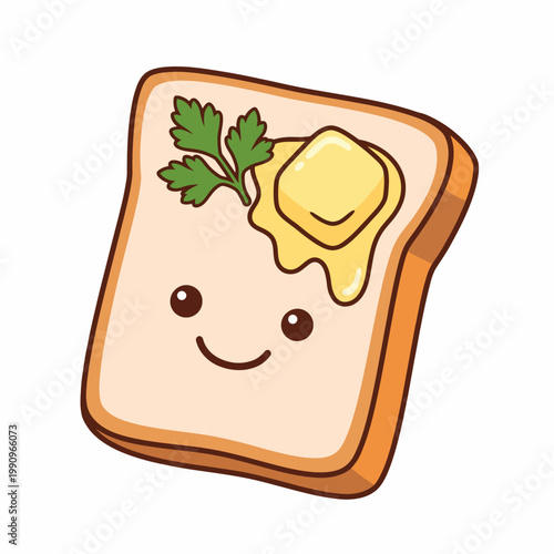 This adorable illustration of a smiling piece of toast adorned with butter and parsley evokes feelings of comfort, warmth, and the joys of simple culinary delights.