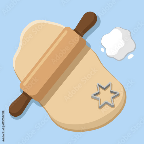 Foto This image features a rolling pin, dough, a cookie cutter shaped like a star, and sugar, illustrating the process of baking and the joy of culinary creativity