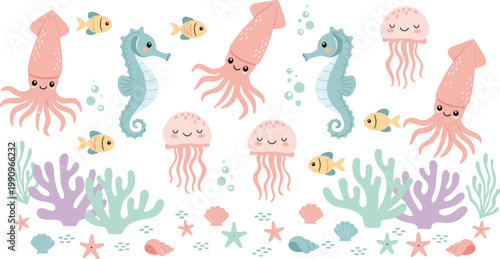 Cute Kawaii Sea Animals Seamless Pattern with Squid Jellyfish Seahorse Fish Coral and Shells in Pastel Colors for Kids Fabric Wrapping Paper and Nursery Design
