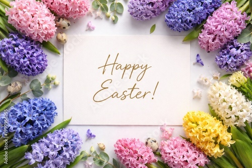 Easter greeting card on white background adorned with vibrant hyacinths and copy space