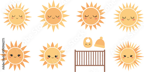 Cute Sun Cartoon Vector Set with Smiling Faces for Kids Nursery Design, Baby Room Decoration, Weather Illustration, and Adorable Kawaii Character Graphics