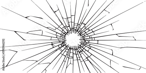 A dramatic illustration of broken glass, featuring a central impact point resembling a bullet hole surrounded by radial cracks extending outwards across the surface.