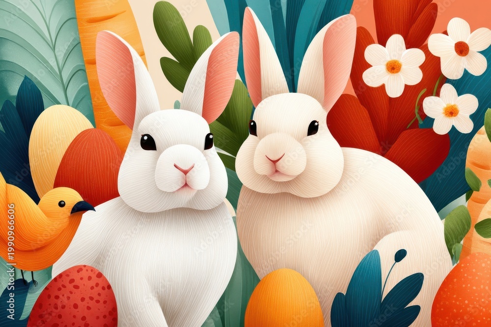Fototapeta premium Easter bunnies and colorful eggs in a spring floral illustration celebrating the holiday