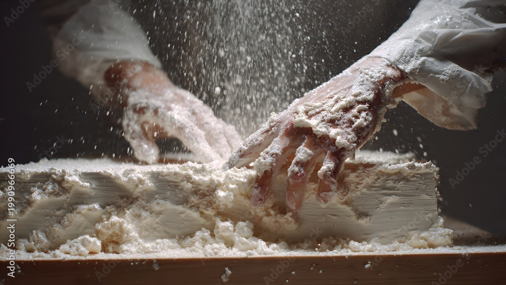Fototapeta premium Close‑up of hands rolling out thick yellow insulation between floor joists, 4K
