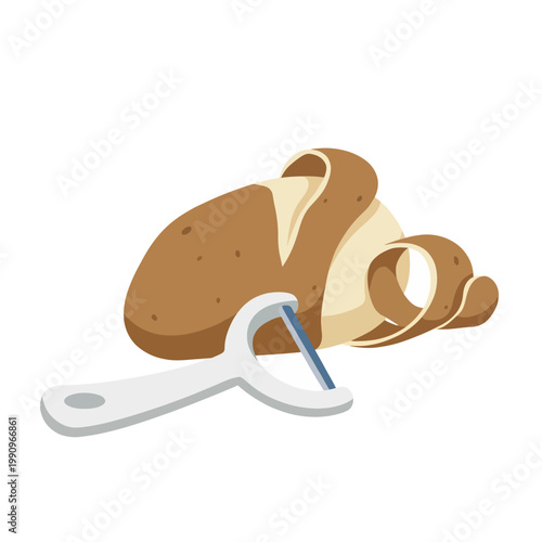 This simplistic illustration captures the process of peeling a potato, showcasing the unique peeler design and the smooth, soft potato skin being removed with care.