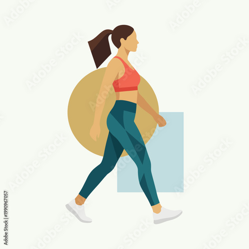 This illustration captures a fit woman engaging in an active lifestyle, showcasing stylish athletic wear designed for comfort and performance while promoting physical health and wellbeing.