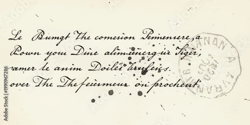 An antique handwritten document featuring elegant cursive script in French, accompanied by rustic ink splatters and a distinct circular postmark stamp on a vintage paper background.
