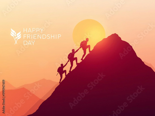 Friends Climbing Mountain Summit at Golden Sunset Silhouette