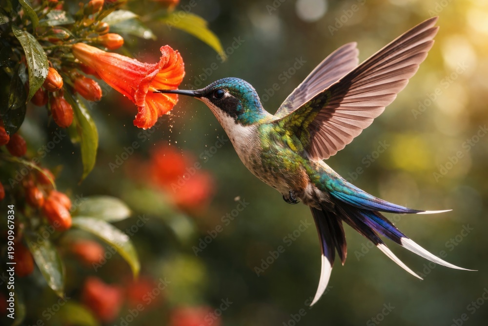 Fototapeta premium Energetic swallowtail hummingbird enjoying sweet nectar in flight