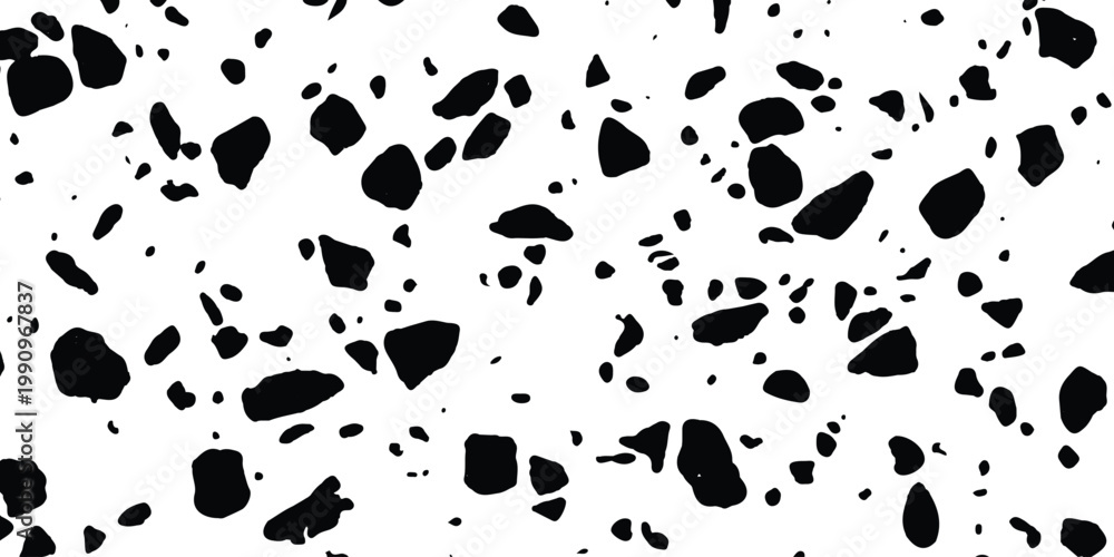 Fototapeta premium A high-contrast monochrome seamless terrazzo pattern presenting numerous irregular black shapes scattered across a clean white surface.