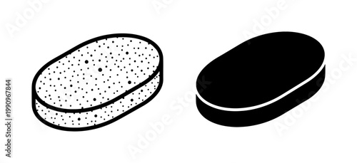 Oval Bath Sponge and Solid Soap Bar Icon Set
