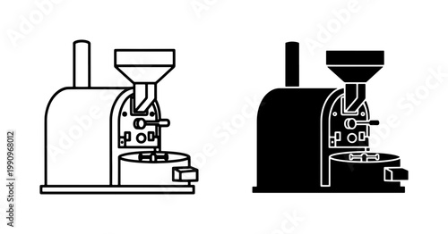 Industrial Coffee Roaster Machine Line and Silhouette Icons