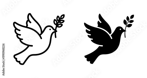 Tableau sur toile Peace Dove Icon Carrying Olive Branch Outline and Silhouette